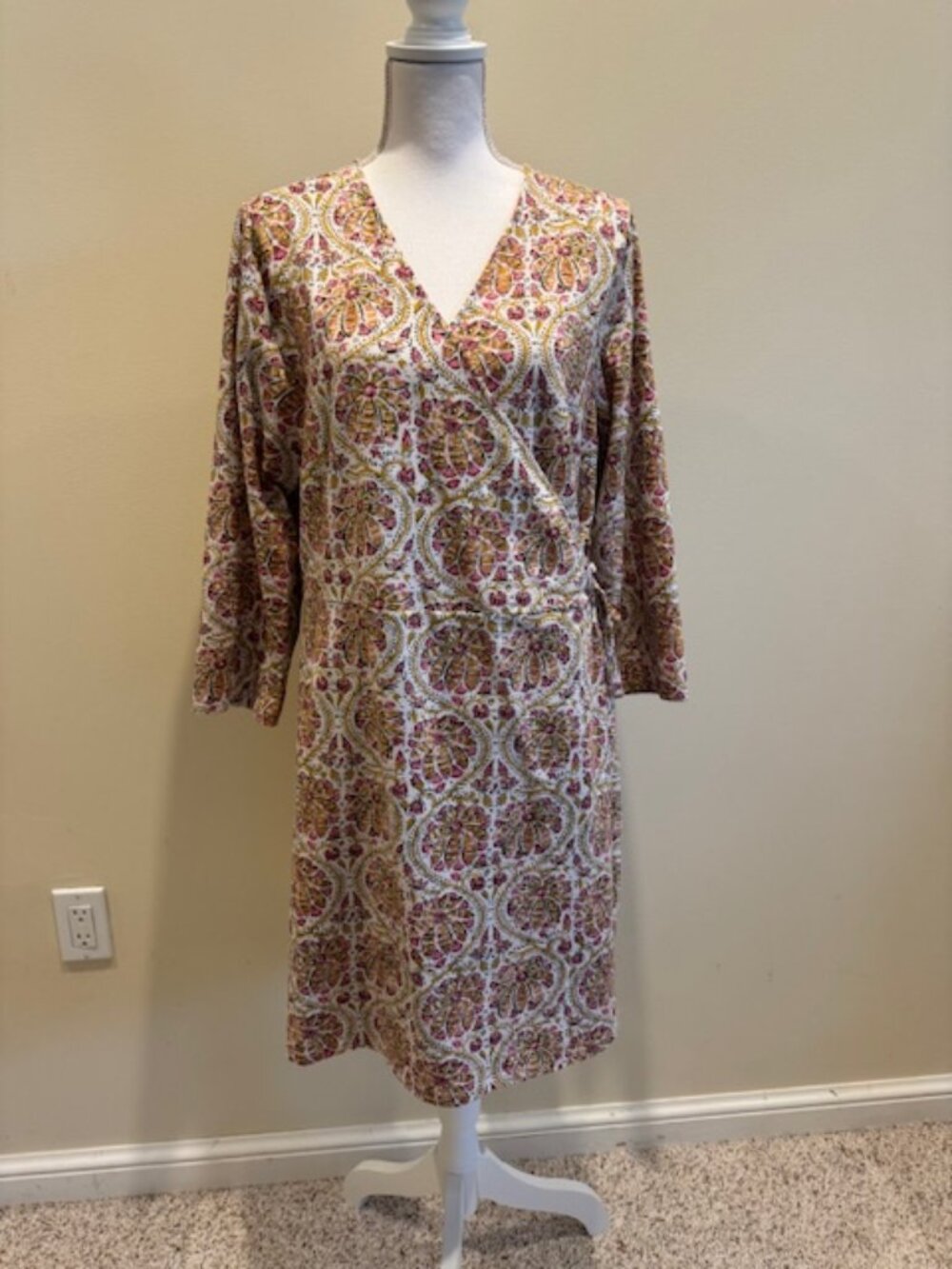 Spartina 449 Long Sleeve Wrap Dress in Cream, Pink and Tan Sz XL
